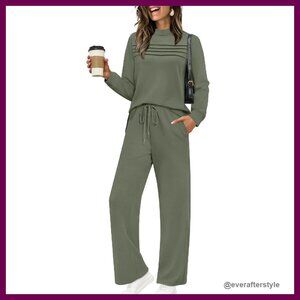 Two Piece Lounge Set Long Sleeve Wide Leg Pants Chic Travel Outfit